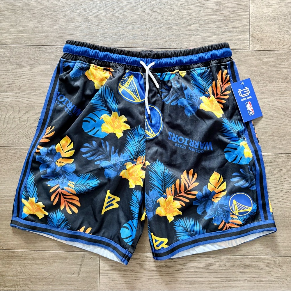 NWT Golden State Warriors Basketball Shorts Black Blue Yellow Print Large